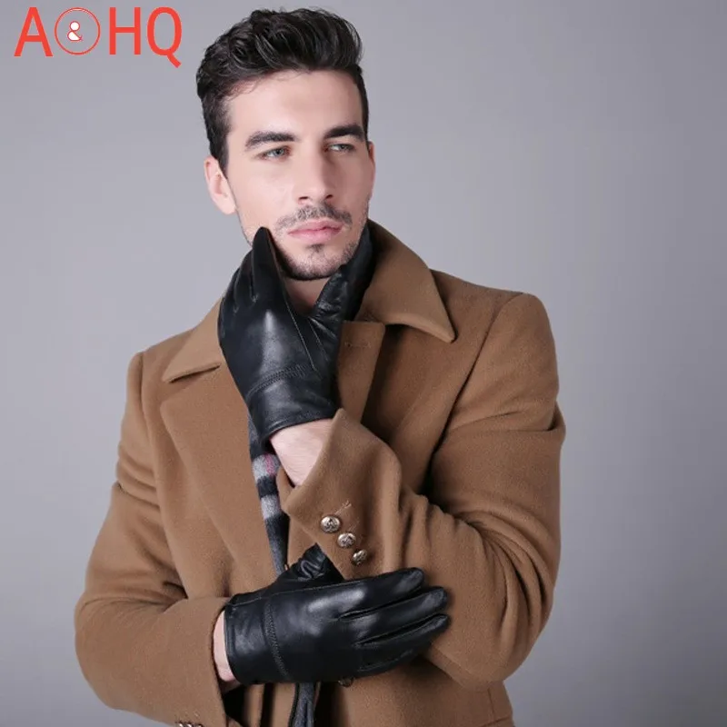 

Black Mens Leather Gloves Winter Warm Coral Fleece Genuine Leather Driving Gloves Men Sheepskin Touch Screen Gloves Eldiven