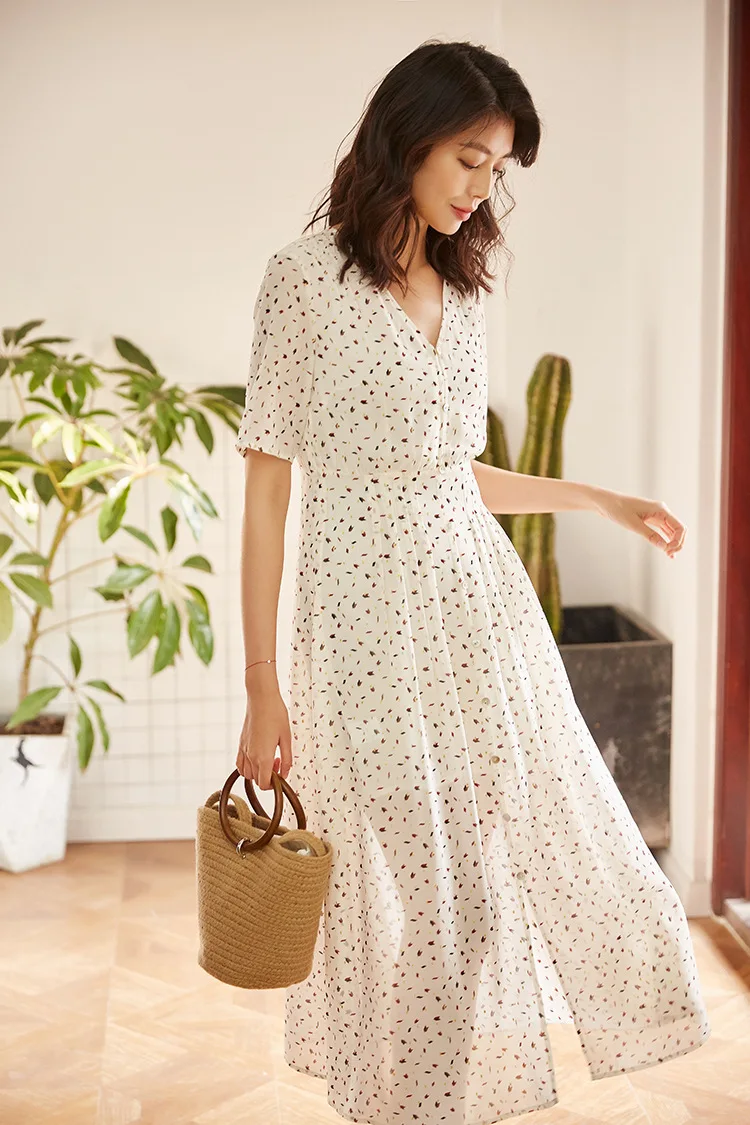 Весенне летнее Новое тонкое шифоновое платье средней длины с v образным вырезом в