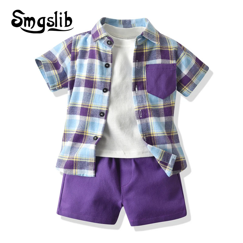 

SMGSLIB 2021 Fashion Kids kids Boys Gentleman Clothes Sets Short Sleeve Plaid Shirt+White Shirt+Shorts 3Pcs Children Casual Suit