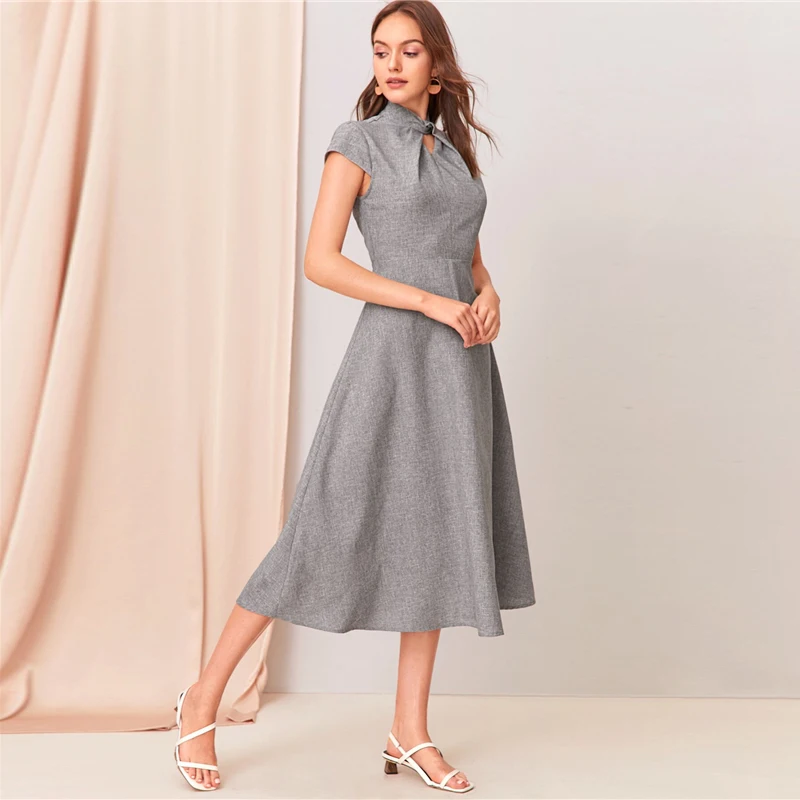 SHEIN, серое, с вырезом, с закручивающимся спереди, с коротким рукавом, расклешенное длинное платье для женщин, летнее, с воротником-стойкой, на молнии, сзади, элегантное платье трапециевидной формы