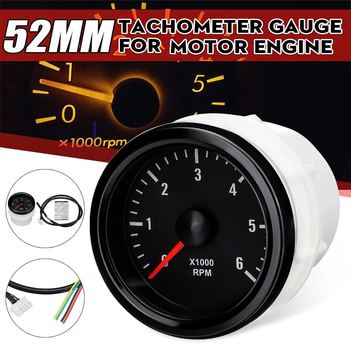 

12V Car Tachometer 52mm White Electrical Tachometer Gauge 0-6000 RPM (On Dash) For Diesel Motor Engine