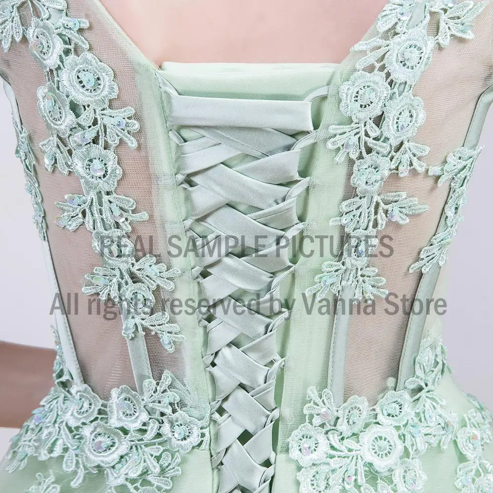 

A Line Appliqued Tulle Evening Cocktail Dress Lace Up Boning Rhinestiones Sleeveless Prom Ballgowns Plus Size Light Mint #533