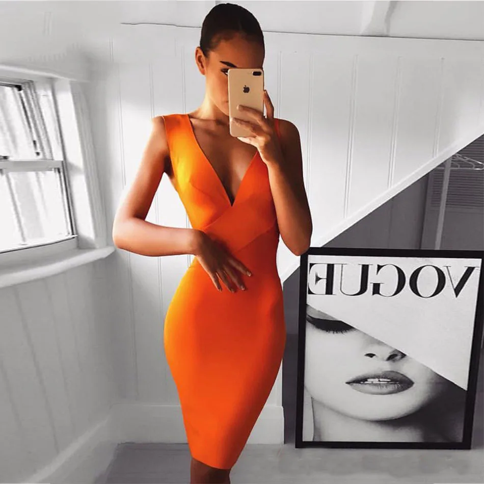 Женское Бандажное платье без рукавов с v-образным вырезом оранжевое сексуальное