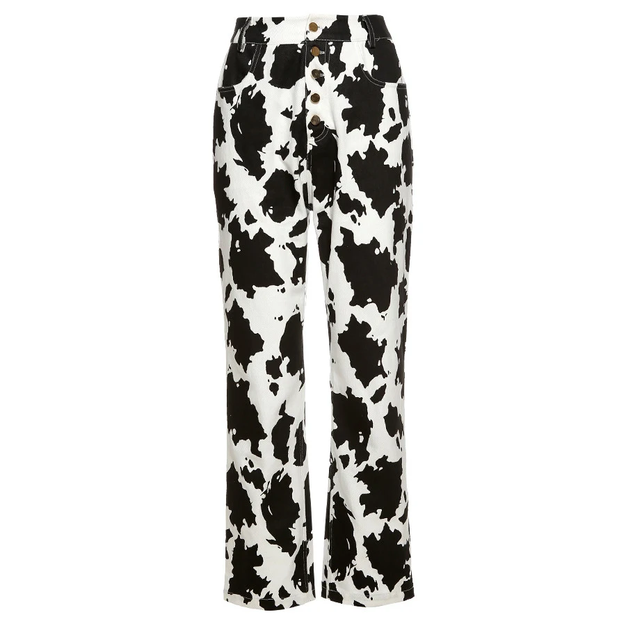 

Grunge Style 90s Denim Jeans Cow Print Patchwork High Waist Streetwear Pants Fashion Women E-Girl Trendy Trousers