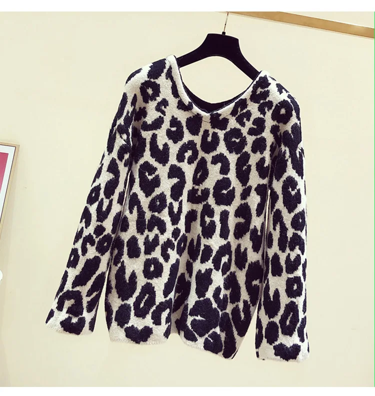 

Leopard Jacquard V-neck Long Sleeve Pullover Lazy Sweater Top for Women 2021 Autumn New Loose Knitwear Female Fashion Jumper