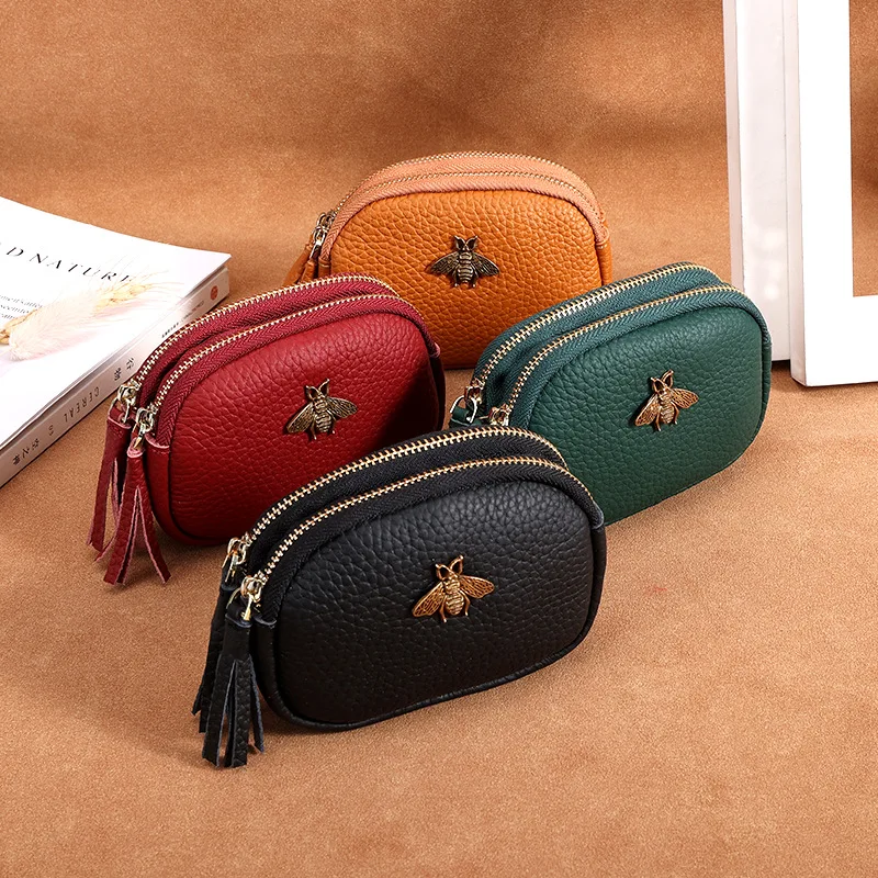 

New Double Zipper Women's Short Wallet Fashion Soft Genuine Leather Large Capacity Coin Bag Women Coin Purse Small Bee Mini Bag