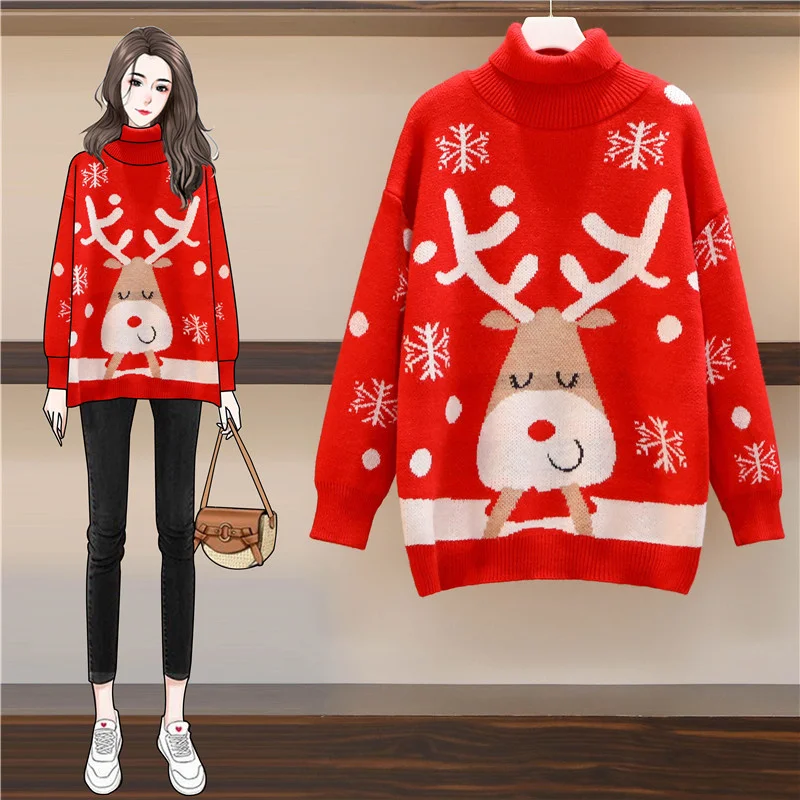 

Women's Large Sizes Snowflake Reindeer Christmas Knitted Sweater Loose Warm Turtleneck Thicken Tops Pullovers