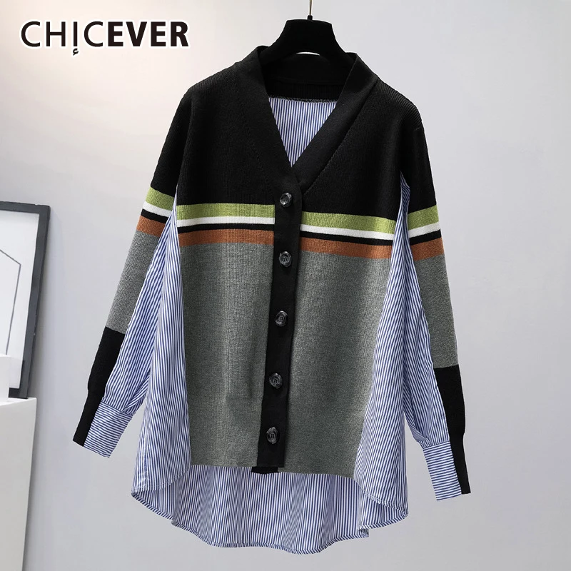 

CHICEVER Hit Color Shirts For Women V Neck Long Sleeve Patchwork Oversized Striped Loose Streetwear Blouses Female 2021 Clothing