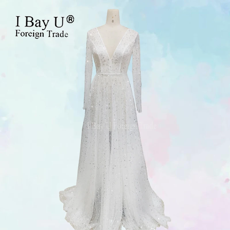 Real Photos Sparkly Sequins Long Sleeves Wedding Dress 2019 V Back Sexy Formal Bridal Gowns Custom Made