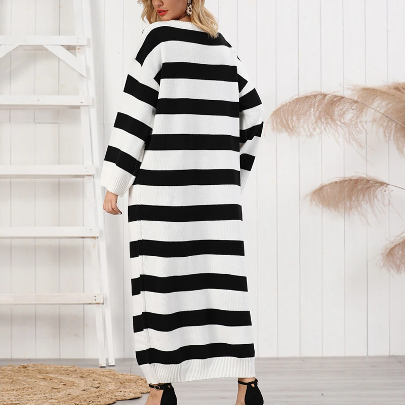CHICEVER Striped Hit Color Knitted Dress For Women O Neck Long Sleeve Oversize Loose Maxi Female Dresses 2020 Autumn Fashion New | Женская