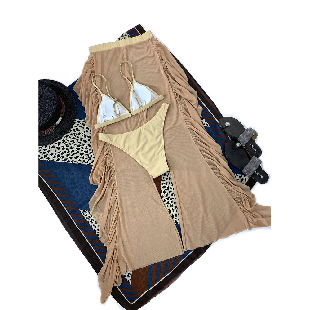 

2021 New Sexy Three Pieces Bikini Set Swimwear Women Swimsuit Ruffle Beach Pants Set Summer Female Mesh Bathing Suit Swim Bather