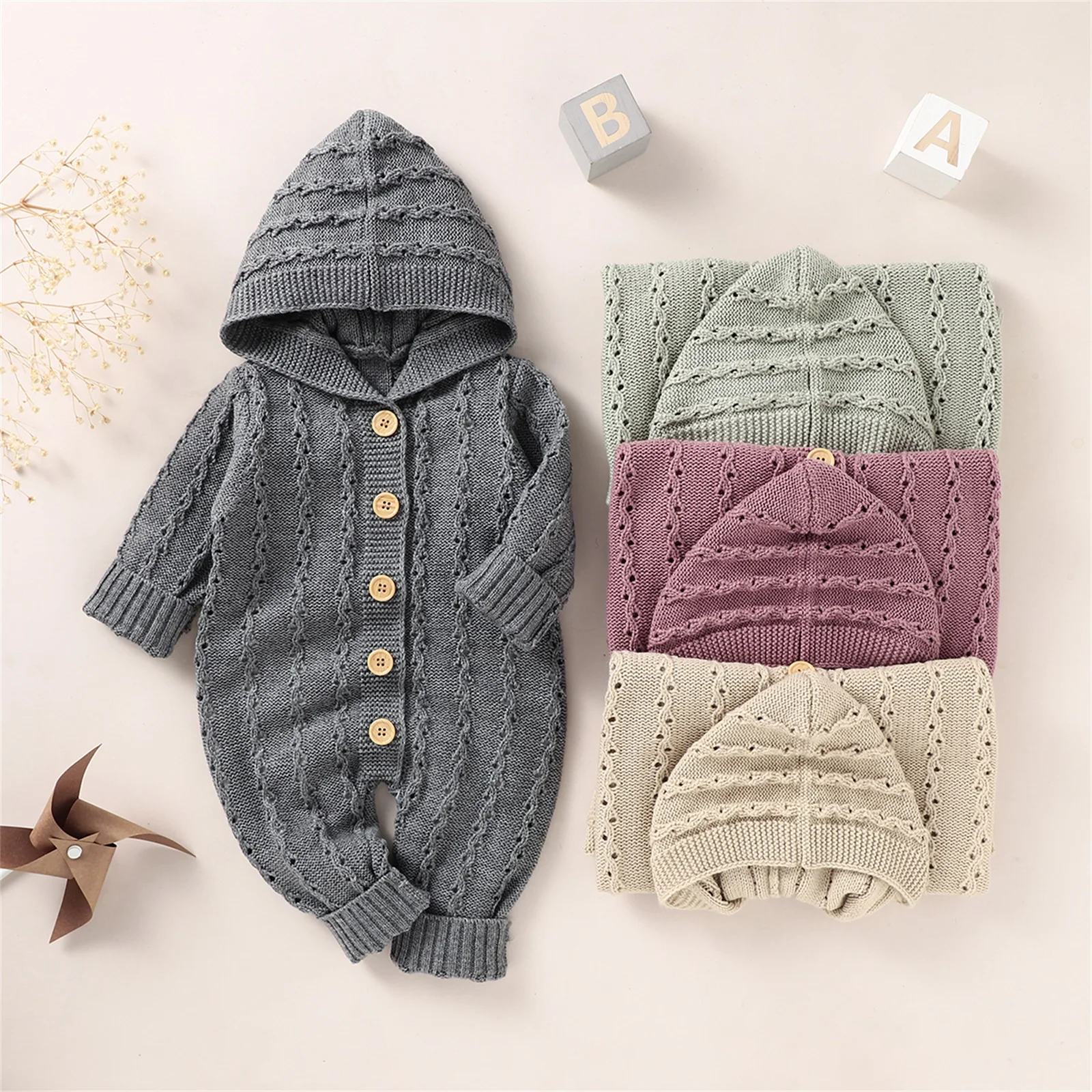 

Toddler Jumpsuit Solid Color Knitted Hooded Long Sleeves Romper Overalls with Buttons for Baby Girls Boys 0-18 Months