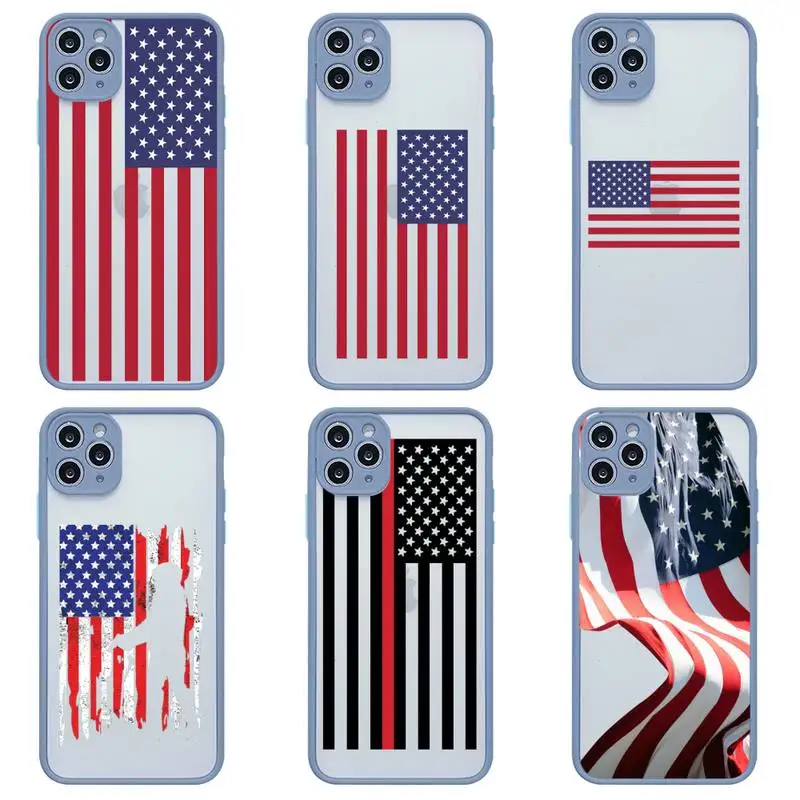 

American flag USA Phone Case For iphone 13 12 11 Pro Max Mini XS 8 7 Plus X SE 2020 XR Matte Transparent Light gray Cover