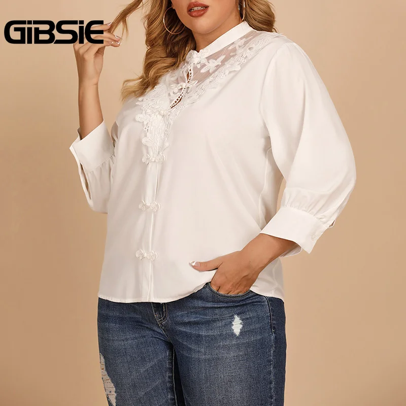 

GIBSIE размера плюс белая кружевная женская блузка, пэчворк рубашка 2021 элегантный Офисные женские туфли однотонные топы с воротником-стойкой ...