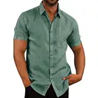 Рубашка мужская с коротким рукавом, однотонная блузка на пуговицах, с отложным воротником, льняная блузка, лето
