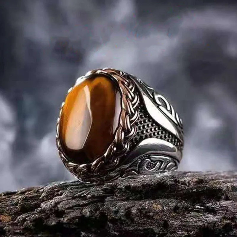 

Vintage Brown Tiger Eye Stone Ring For Men Women Turkish Handmade Spiral Engraved Statement Ring Retro Women Wedding Band