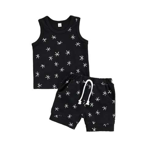 Комплект одежды для новорожденных из 2 предметов, пуловер без рукавов, с принтом в виде звезд, с круглым воротником и короткие штаны, для лета, коричневый, белый, черный