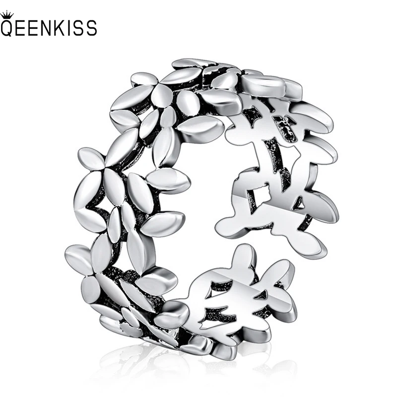 

QEENKISS RG6335 2022 Fine Jewelry Wholesale Fashion Woman Girl Birthday Wedding Gift Retro Leaves 925 Sterling Silver Open Ring