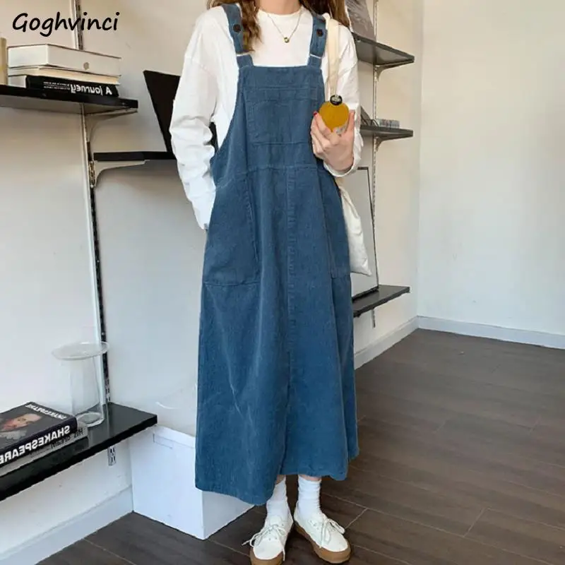 

Sleeveless Dress Women Corduroy Retro Fashion Cute Lovely Autumn Teens Big Pocket Harajuku Kawaii Vintage Preppy Classic Simple