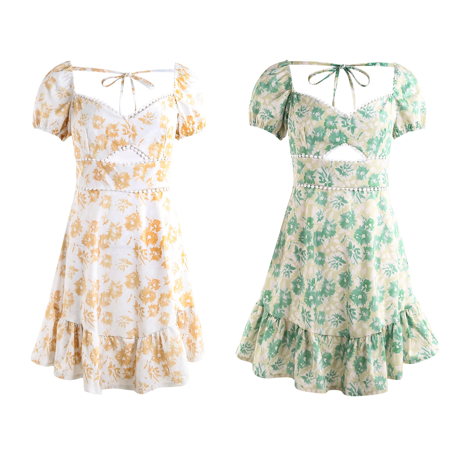 

Spring and Summer Short-sleeved Lace Dress, Stitching Casual Backless Dress, Ruffled Puff Sleeve Dress