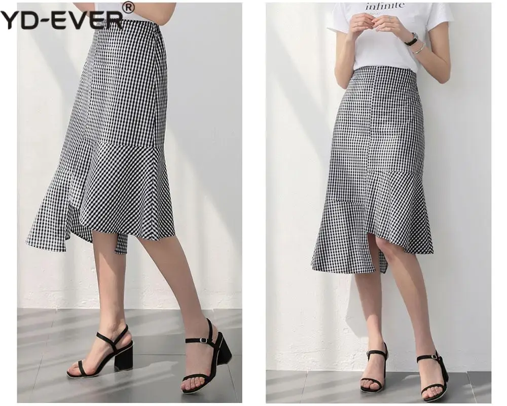 Юбка миди Асимметричная в мелкую клетку с воланом|Женские юбки| |