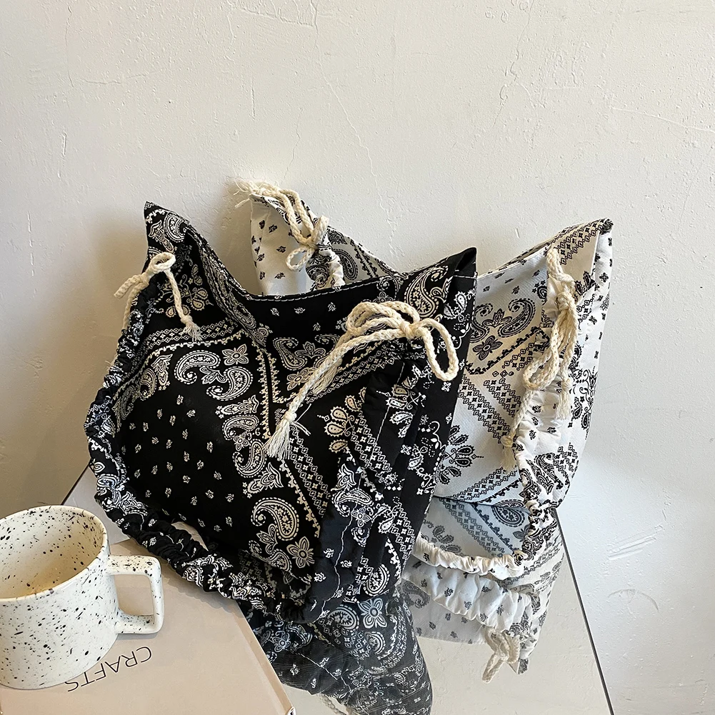 

Fashion Women Cashew Pattern Printing Pleated Canvas Shoulder Shopping Bag Casual Ladies Small Tote Handbags