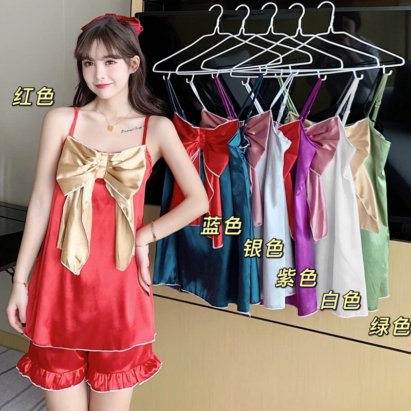 

2021 Summer Sexy Lingerie Silk Satin Spaghetti Strap Bow Pajama Sets Women Shorts Sleepwear Pyjama Homewear Pijama Mujer Clothes