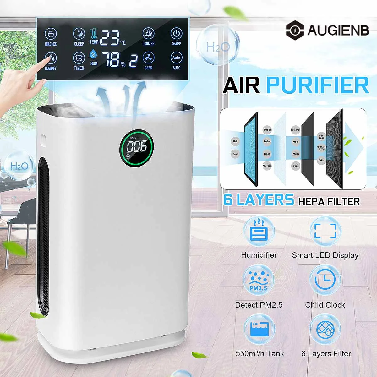 

AUGIENB G08 Air Purifier Fresh Air Cleaner Humidifier HEPA Filter Allergies Eliminator Negative ion for PM2.5 Dust Pollen Hair