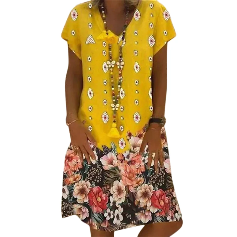 

Plus Size Dress S-2XL Woman Robe Femme Casual Loose Dresses New Print V Neck Elegant Summer Vestidos 2020