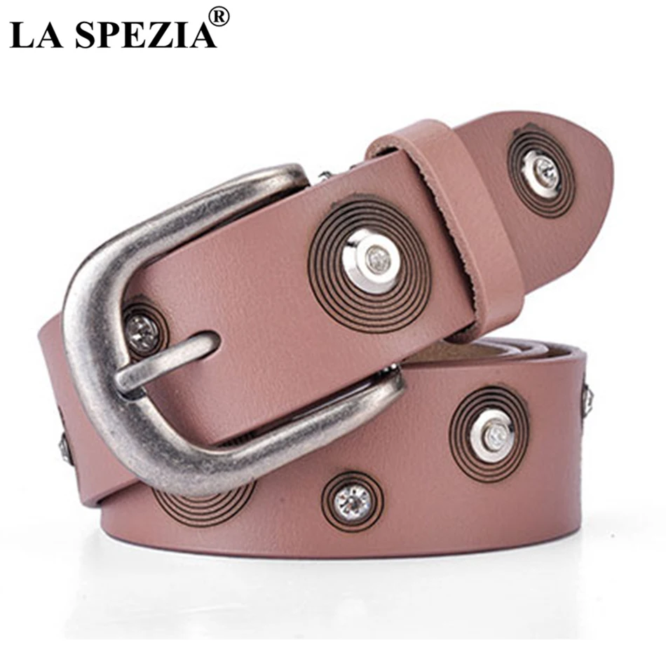 

LA SPEZIA Women Rhinestone Belts Fashion Pink Real Leather Belt Female Rivet Decorate Genuine Cow Leather Ladies Pin Belt 110cm