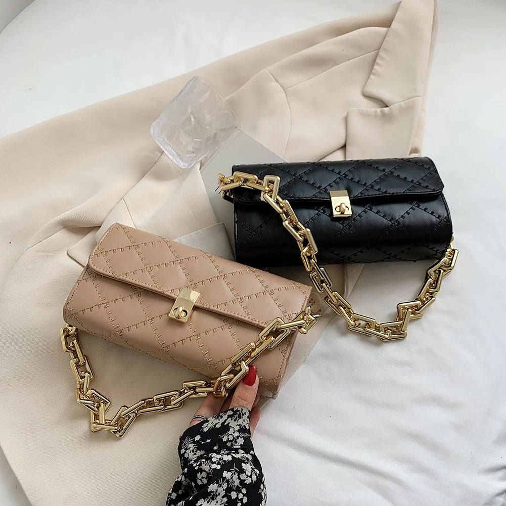 

Fashion Women Lattice Pattern PU Leather Solid Color Shoulder Underarm Bag Casual Ladies Thick Chain Small Flap Purse Handbags