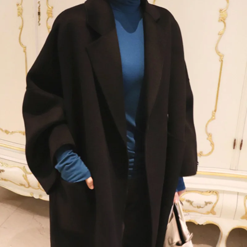 

LANMREM New 2021 autumn winter straight large size turn-down collar over the knee street wear black women's woolen coat 2A1662