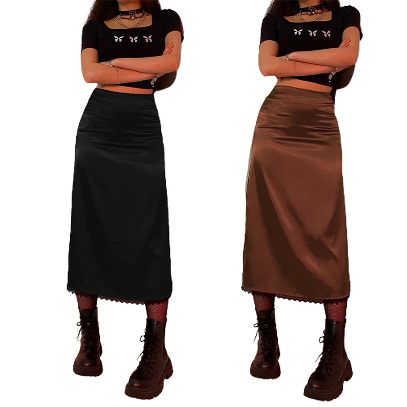 

2021 Hot Woman Girls High Waist Zipper A-line Midi Skirt Plaid/Lace Bottom Casual Girls Women Clothes Size S-L