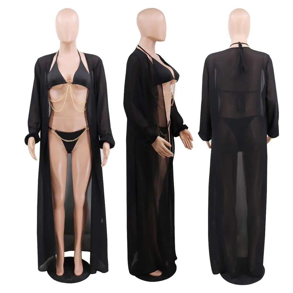 

2020 New long sleeve chiffon cover up+metal tassel Bikini Set sexy women swimwear bathing suit cover ups set Robe De Plage