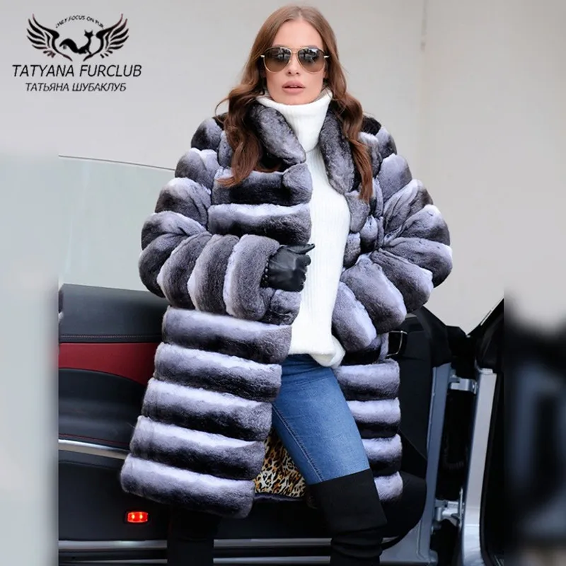 Enlarge 90cm Long Real Fur Coats Winter Fashion Women 2022 New Chinchilla Color Natural Rex Rabbit Fur Coat Stand Collar Fur Overcoats