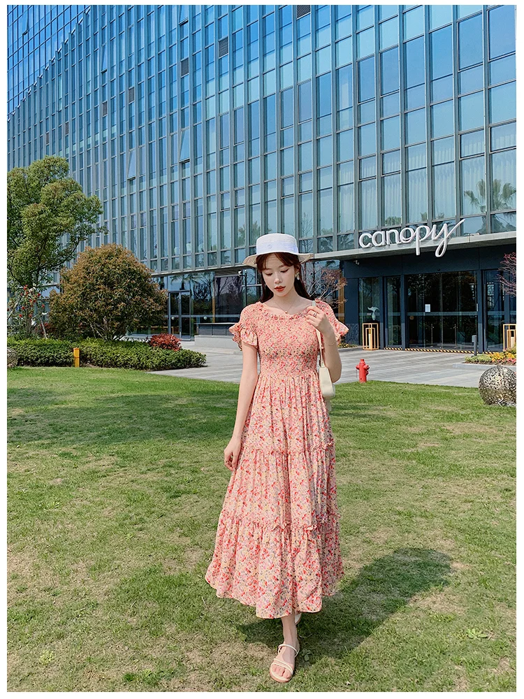 

Women's Dresses Chiffon Short Sleeve Dresse Loose Plus Size Print Fashion Casual Slash Neck A-LINE Dress Lady Mid-Calf Houthion