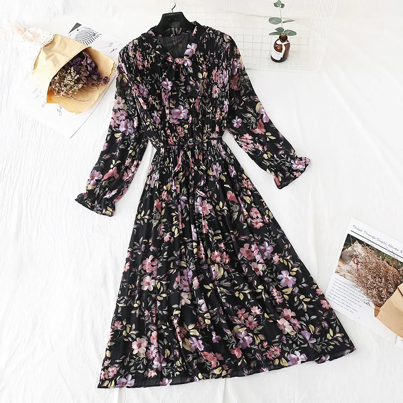 

2021 Women Casual Autumn Winter Dress Lady Korean Style Vintage Floral Printed Chiffon Shirt Dress Long Sleeve Bow Long Dress