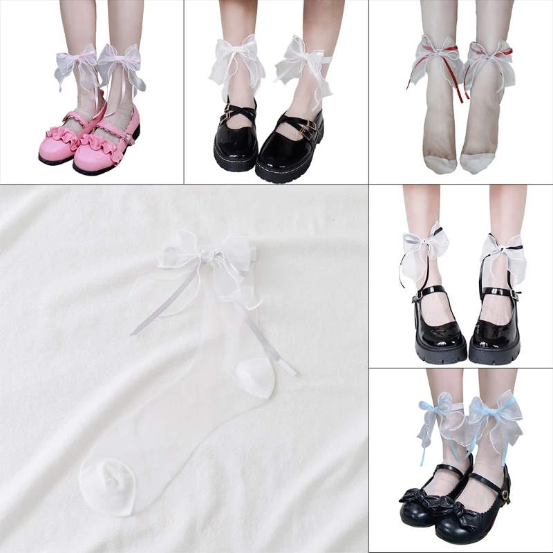 

Lolita Ribbon Bow Glass Fiber Short Socks Summer Casual Ultra Thin Transparent Kawaii Sweet Lace Mesh Silky Hosiery for Women