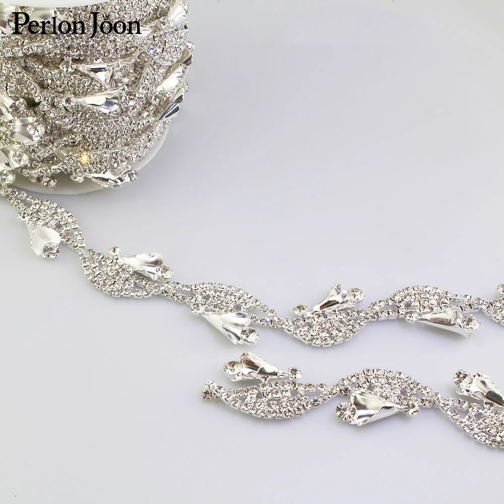 1 yard silver morning glory Wavy flowers crystal rhinestone trim decorative metal chain clothing accessories ML085 | Дом и сад