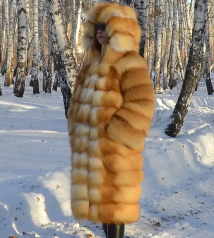 Length 100cm Роскошная зимняя шуба из натурального Лисьего меха, женская меховая куртка из натуральной кожи с капюшоном, шуба из красной лисы для женщин, FC-175 - Цвет: Length 100cm