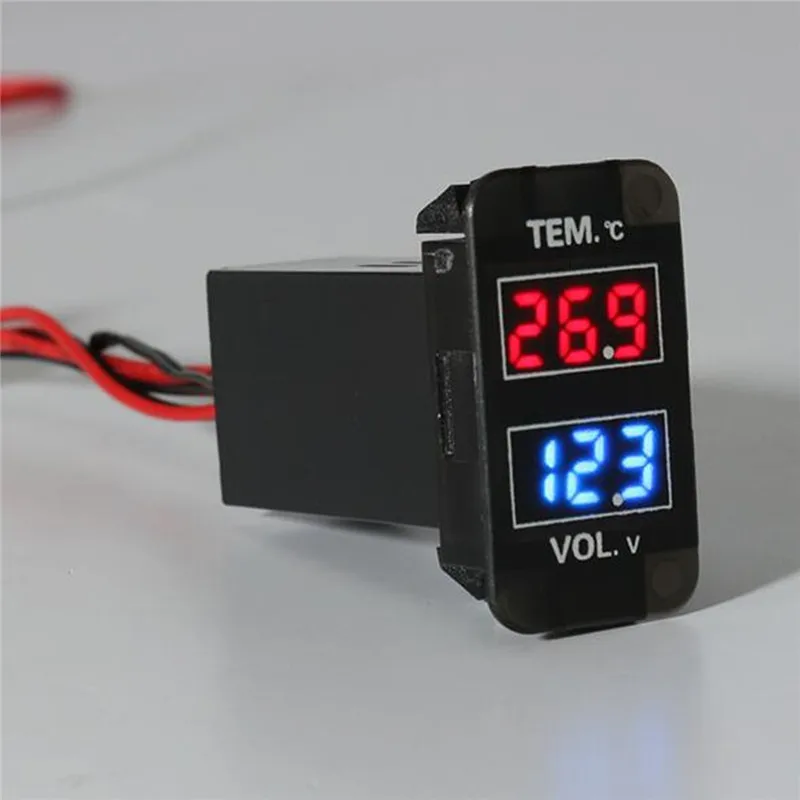 

0~30V LED Digital Voltmeter Temperature Gauge 2 in 1 Voltage Temp Meter Red Blue LED Dual Display Black For Car