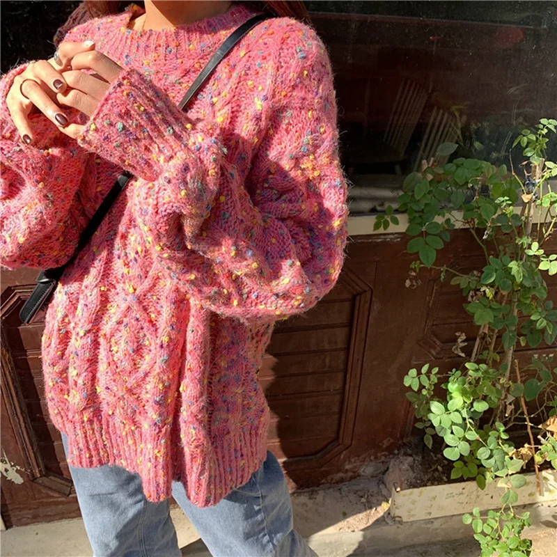 

Women'S Korean Round Neck Loose Long Sleeve Color Dot Sweater