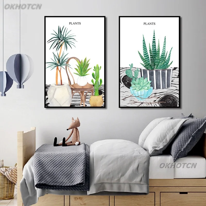 Зеленые растения: акварельный рисунок в современном скандинавском стиле для декора стен в домашнем интерьере - холст, модульная печать и постеры.