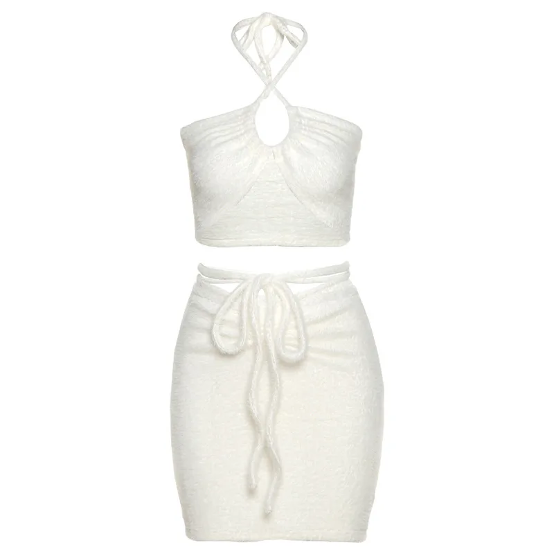 

Sexy Halter Short Tops High Waist Bandage Mini Skirts Two Piece Women Autumn 2020 New High Street Female Casual Skirt Suit Basic