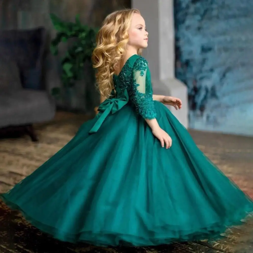 

Hunter Green Ball Gown Flower Girls Dresses 3/4 Sleeves Girls Wedding Party Dress Beading Appliques Bow Communion Gown