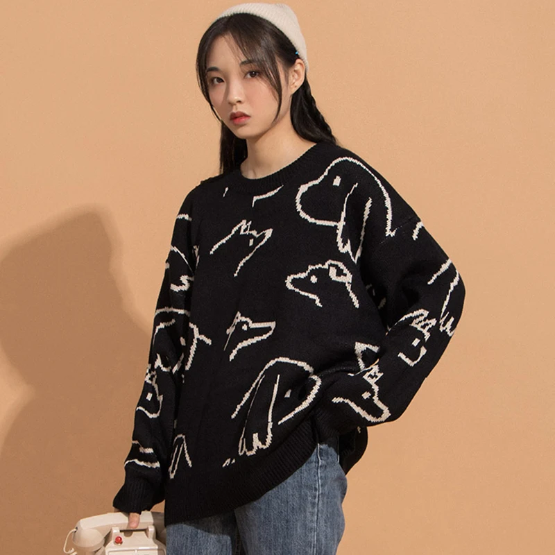 Ретро свитер в стиле хип-хоп Женский Пуловер Свободный вязаный женский зимний