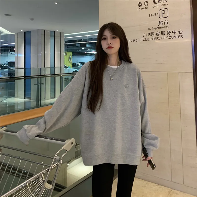 

INS Super Popular Lake Blue Sweater 2021 New Women's Spring and Autumn Thin round Neck Loose Korean Style Top without Hood
