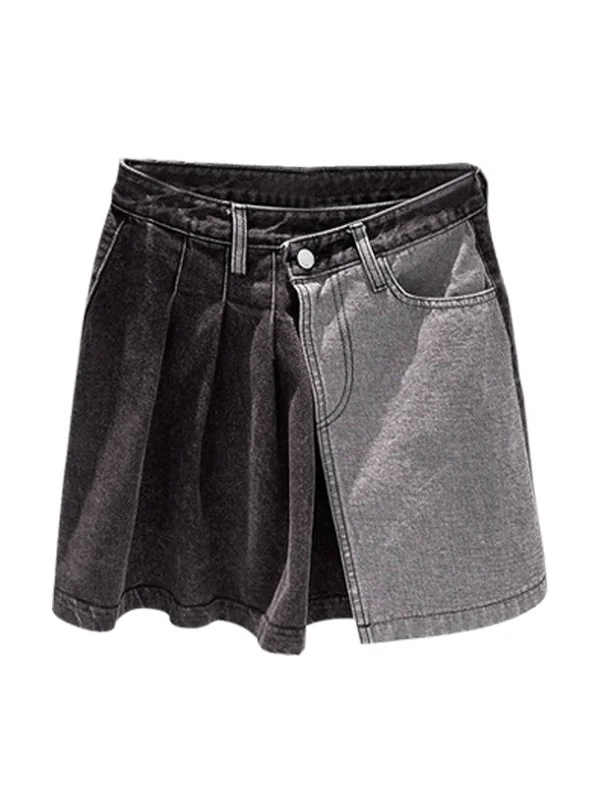 

Vintage Pleated Skirt Fashion Irregular High-waisted Contrast Color Stitching A-line Denim Skirts Womens Faldas Mujer Moda 2021