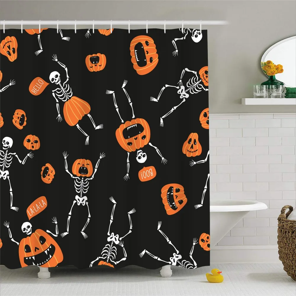Skull Pumpkin Shower Curtain Waterproof Mold Proof Polyester Happy Halloween Bath for Kids Black/White Background Screen | Дом и сад