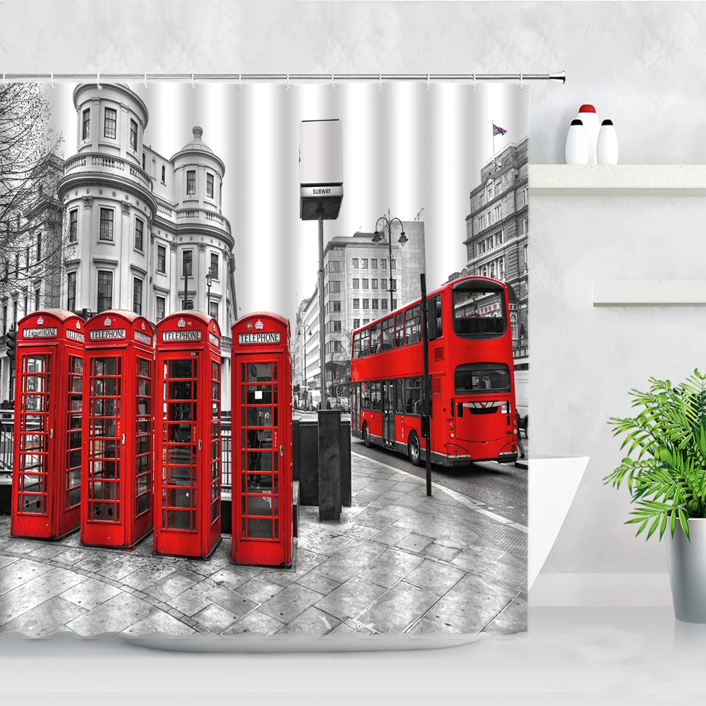london street view shower curtains big ben red phone booth bus printing retro wall decor cloth screen hooks bathroom curtain set free global shipping